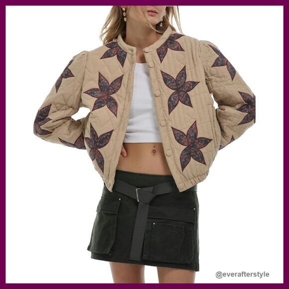 Lightweight Floral Embroidered Cropped Quilted Jacket Button Down Puffer
